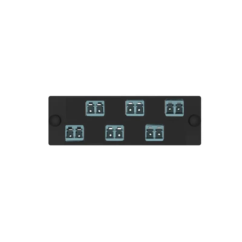 The Opticom LC fiber adapter panel is OM4 and is loaded with 6 LC duplex fiber optic adapters. The fiber optic adapters are Keyed H-Aqua and has zirconia split sleeves.