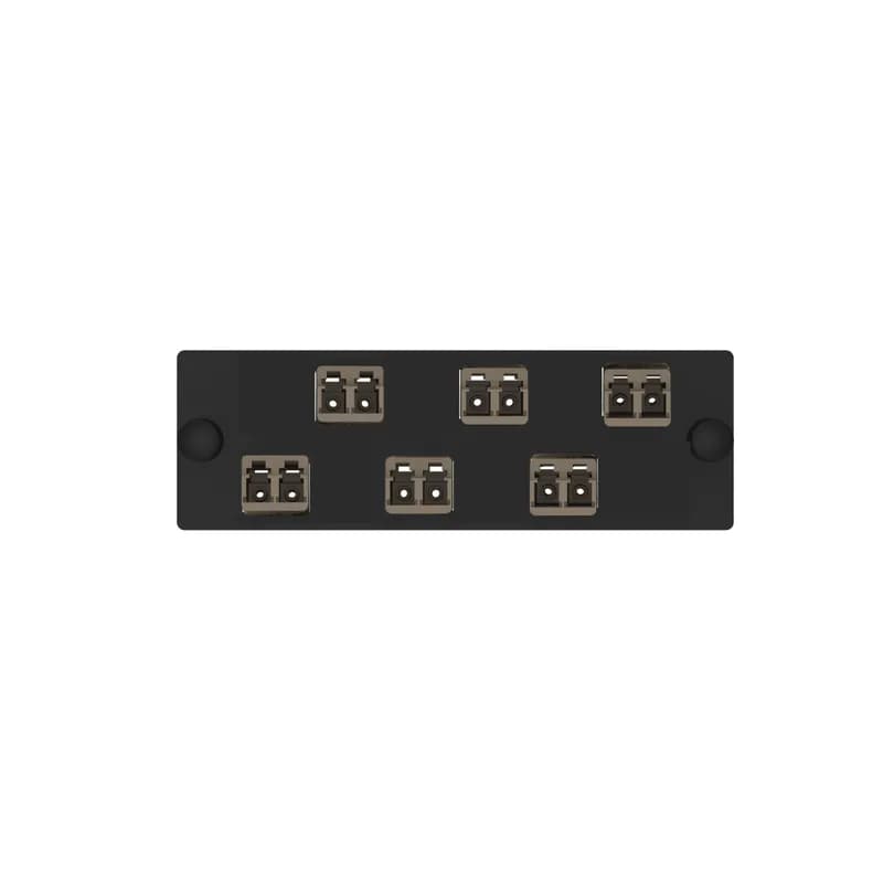The Opticom LC fiber adapter panel is OM4 and is loaded with 6 LC duplex fiber optic adapters. The fiber optic adapters are Keyed L-Light Brown and has zirconia split sleeves.