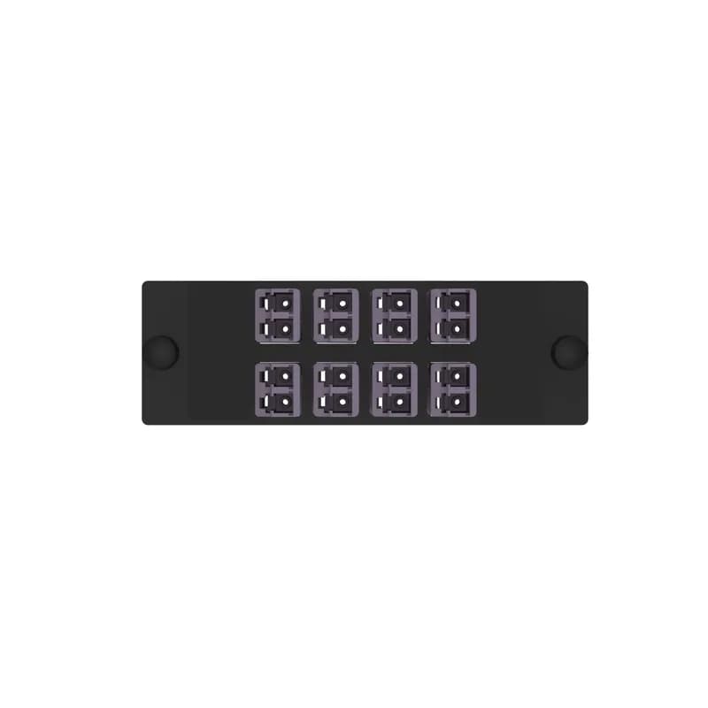 The Opticom LC fiber adapter panel is OM4 and is loaded with 8 LC duplex fiber optic adapters. The fiber optic adapters are Keyed G-Violet and has zirconia split sleeves.