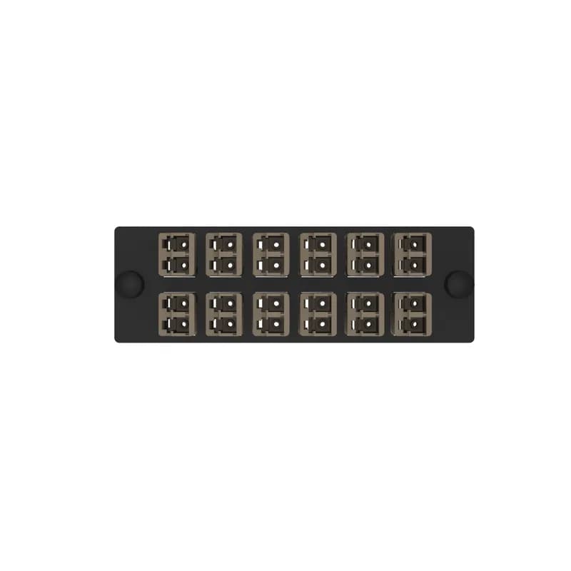 The Opticom LC fiber adapter panel is OM4 and is loaded with 12 LC duplex fiber optic adapters. The fiber optic adapters are Keyed L-Light Brown and has zirconia split sleeves.