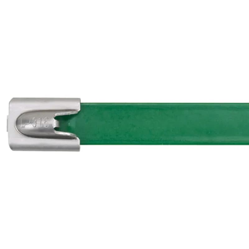 Panduit MLTFC2H-LP316GR - Pan-Steel Polyester Fully Coated Cable Ties speed up installation with a unique self-locking head design that locks into any part of the tie. Plus, 316 stainless steel is wrapped in UV-resistant, halogen-free, low-smoke Polyester to promote worker safety and reliability in corrosive, high-vibration, temperature-extreme environments. Heavy cross section, Max bundle diameter: 2.0in, 7.9in, Tensile strength: 1112, Green, 50pc.