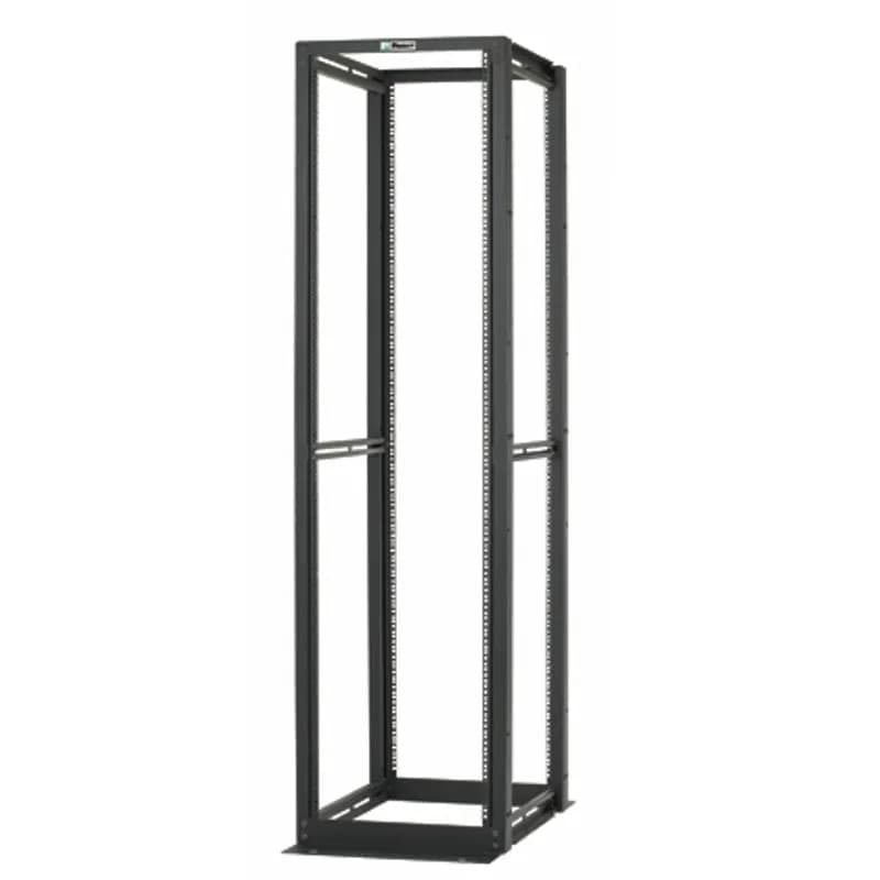 The 4-Post rack combines the stability of a cabinet with the accessibility of an open rack to deliver maximum flexibility. The 52 RU rack is 23 inches wide overall (with 19 inch standard EIA mount) and 41.5 inches deep, with adjustable mounting rails that have cage nut EIA universal mounting hole spacing, and printed numbering. A range of cable managers and accessories work with the rack. The rack is UL listed for 2,500 pounds and is made of welded steel. The rack is black.