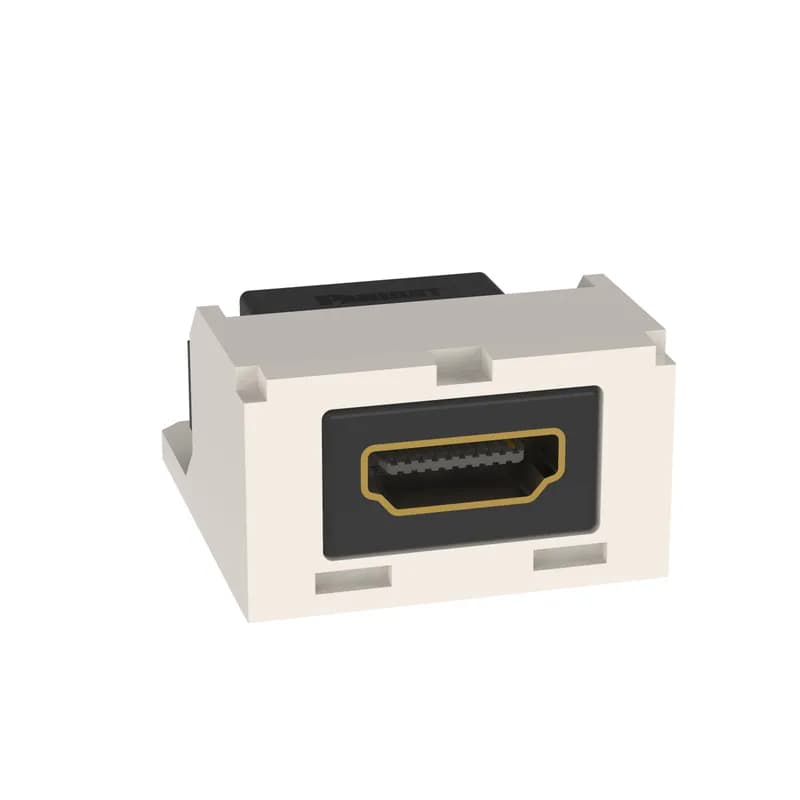 This Mini-Com HDMI Coupler is HDMI 2.0. It is a Type A female to female coupler, two position module. It is off white.