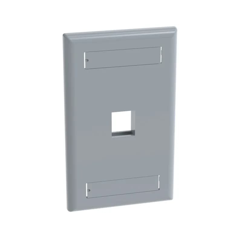 The NetKey Faceplate accepts one keystone module. The faceplate is single gang and mounts to a NEMA standard single gang opening. The faceplate includes label and label cover, and is international gray.