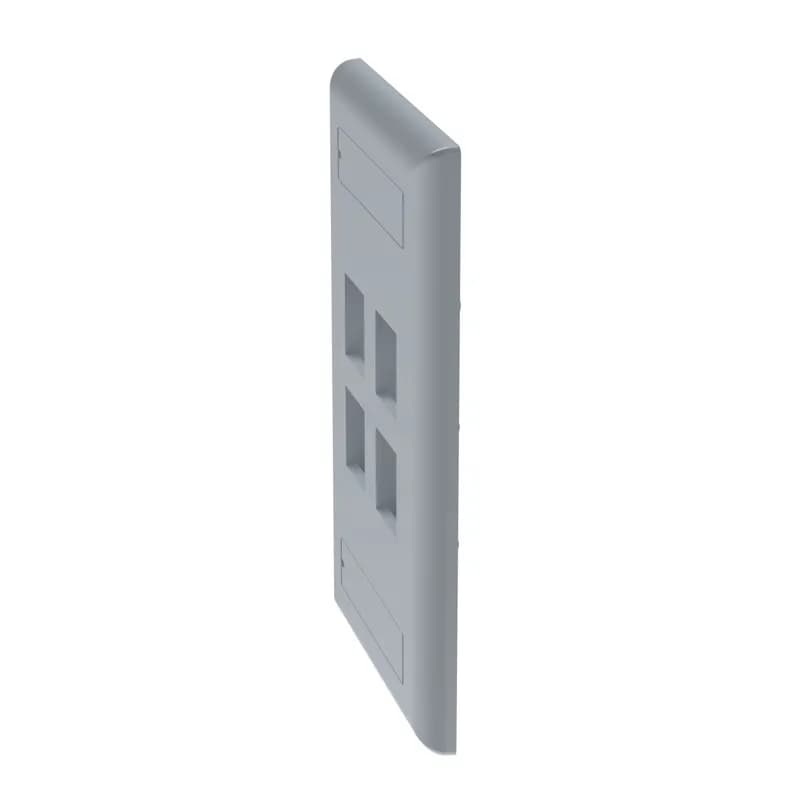 The NetKey Faceplate accepts four keystone modules. The faceplate is single gang and mounts to a NEMA standard single gang opening. The faceplate includes label and label cover, and is international gray.