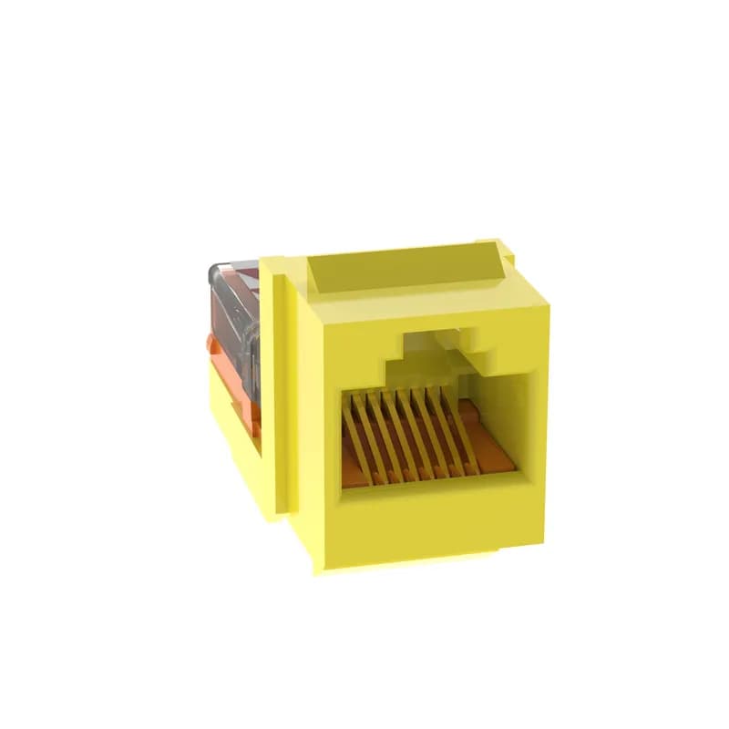 The NetKey Cat 5e UTP RJ45 Leadframe Keystone Jack Module is designed to terminate 4-pair, 22-24 AWG twisted pair cable. Each module is 100% factory tested for continuity. Contacts are plated with 50 microinches of gold for superior performance. Jack modules are compatible with keystone interfaces including NetKey Faceplates, Modular Patch Panels, and Surface Mount Boxes. This jack module is yellow.