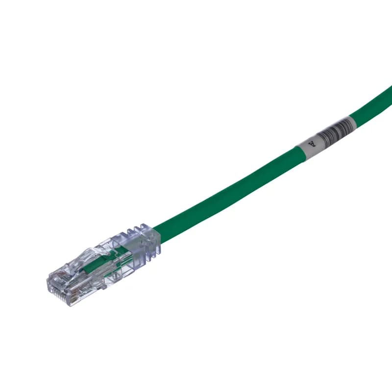 The TX6 PLUS Cat 6 UTP Patch Cord is a 2.5-Meter, Green cord constructed of 24 AWG, unshielded, twisted pair, stranded, CM cable with high-performance modular plugs. Its tangle-free latch prevents snags and ensures a fast release, streamlining moves, adds, and changes. The slender strain relief boot provides easy access in high-density applications. Enabled with RapidID, the product has pre-installed barcodes for simple port mapping using RapidID software.