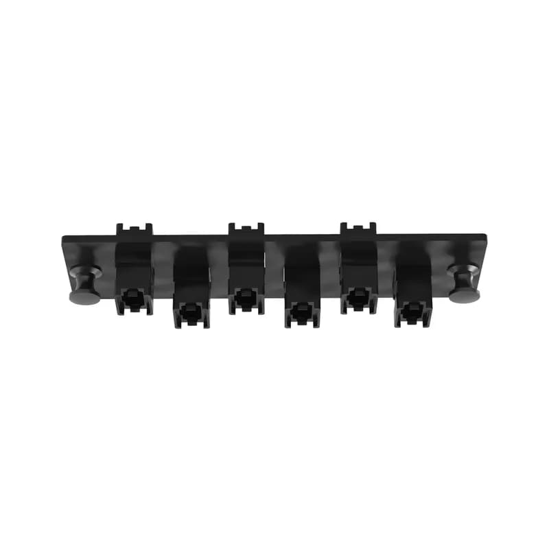 The Opticom MPO fiber adapter panel is loaded with 6 MPO fiber optic adapters. The fiber optic adapters are in the key-up/key-up position, type b polarity and are charcoal gray in color. The MPOs are positioned in a vertical arrangement when looking head-on on a horizontal-orientated faceplate.