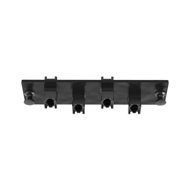 The Opticom MPO fiber adapter panel is loaded with 4 MPO fiber optic adapters. The fiber optic adapters are in the key-up/key-down position, type a polarity and are black in color. The MPOs are positioned in a vertical arrangement when looking head-on on a horizontal-orientated faceplate.