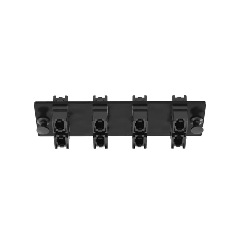 The Opticom MPO fiber adapter panel is loaded with 8 MPO fiber optic adapters. The fiber optic adapters are in the key-up/key-down position, type a polarity and are black in color. The MPOs are positioned in a vertical arrangement when looking head-on on a horizontal-orientated faceplate.