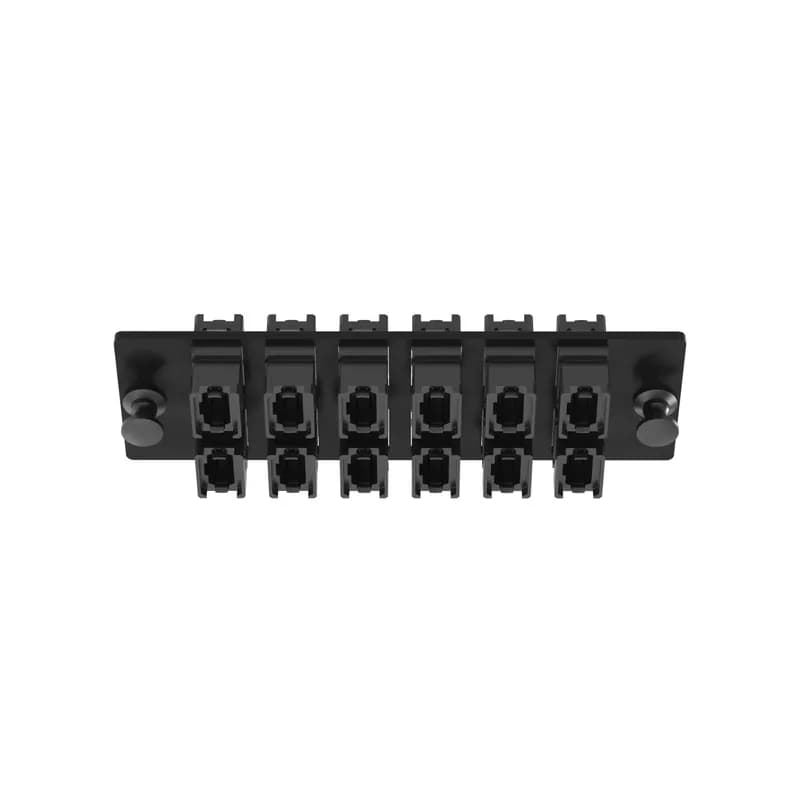 The Opticom MPO fiber adapter panel is loaded with 12 MPO fiber optic adapters. The fiber optic adapters are in the key-up/key-down position, type a polarity and are black in color. The MPOs are positioned in a vertical arrangement when looking head-on on a horizontal-orientated faceplate.