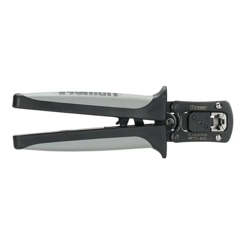 Pan-Plug modular plug crimping tool with controlled cycle mechanism which prevents the tool from opening before the termination cycle is complete, ensuring proper termination.
