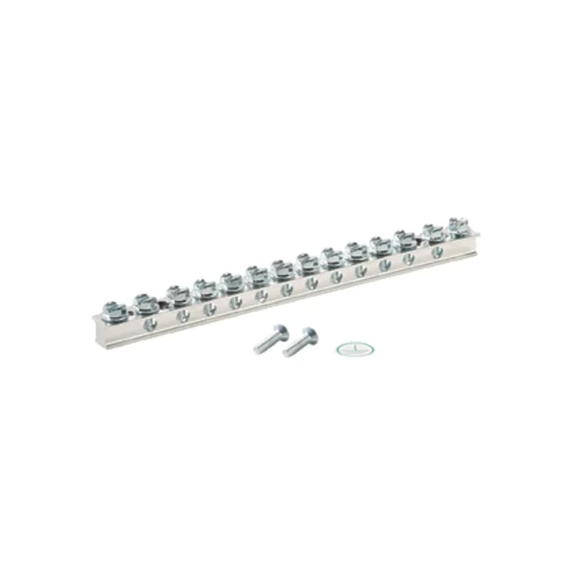 The UGB2/0-414-12 Universal Ground Bar securely terminates the main equipment grounding conductor with a compression or mechanical connector in any control panel or enclosure. The universal ground bar accepts #14 #4 AWG wire in 12 wire ports and up to a 2/0 AWG main equipment grounding conductor with a compression or mechanical connector. Several mounting options are available, including bonding stand-offs, isolation stand-offs, and direct mounting to a panel.
