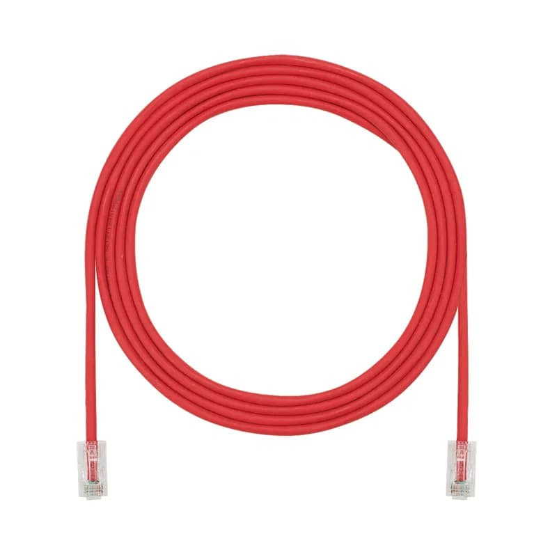 The TX5e Cat 5e UTP Patch Cord is a 3-Foot, 0.150-inch (3.8mm) diameter, Red cord constructed of 28 AWG, unshielded, twisted pair, stranded, CM cable with Pan-Plug modular plugs. Its compact 28 AWG design simplifies installation and management. The tangle-free latch prevents snags and ensures a fast release, streamlining moves, adds, and changes. Enabled with RapidID, the product has pre-installed barcodes for simple port mapping using RapidID software.