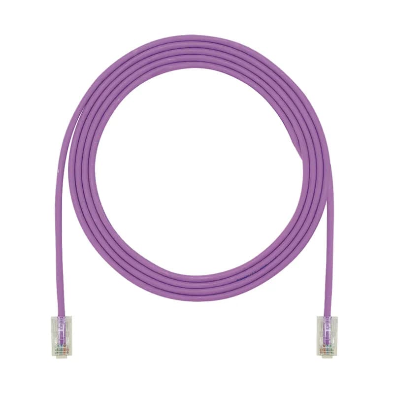 The TX5e Cat 5e UTP Patch Cord is a 1-Foot, 0.150-inch (3.8mm) diameter, Violet cord constructed of 28 AWG, unshielded, twisted pair, stranded, CM cable with Pan-Plug modular plugs. Its compact 28 AWG design simplifies installation and management. The tangle-free latch prevents snags and ensures a fast release, streamlining moves, adds, and changes. Enabled with RapidID, the product has pre-installed barcodes for simple port mapping using RapidID software.