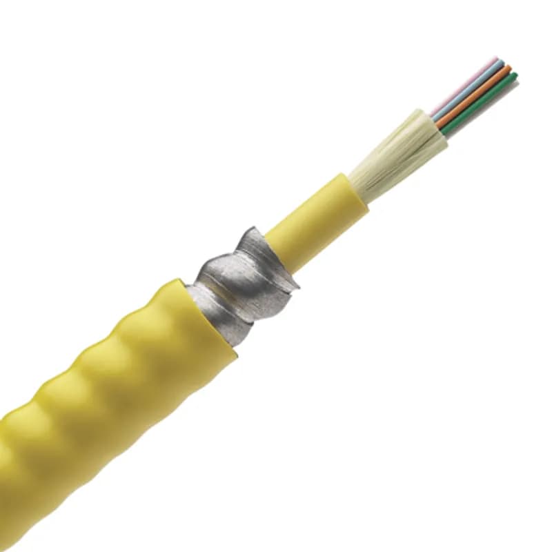 The 144 fiber indoor armored tight buffered cable is OS2, Plenum (OFCP) rated and features 900 m buffered fibers.