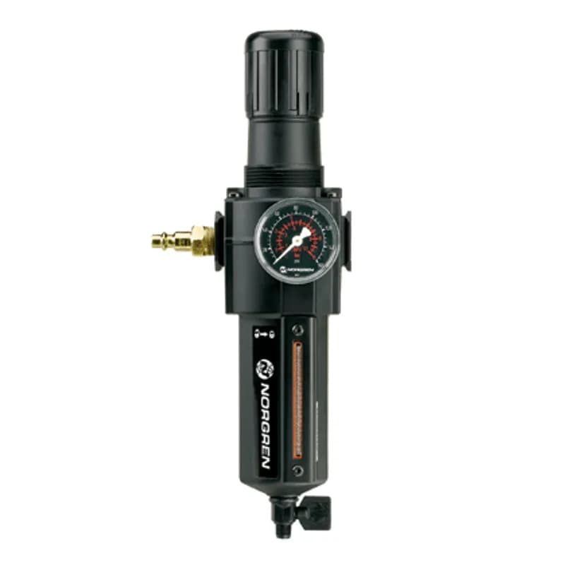 Regulates air flow to all model PAT dispensers. Filter/regulator 25 micron (max.) element, 3/8 ports. Includes a male connector and a 3/8 port.
