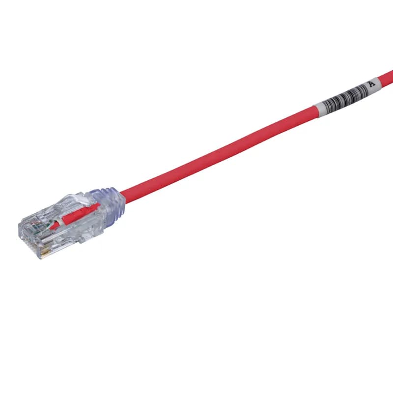 The TX6-28 Cat 6 UTP Patch Cord is a 4-Foot, 0.150-inch (3.8mm) diameter, Red cord constructed of 28 AWG, unshielded, twisted pair, stranded, CM/LSZH cable with high-performance modular plugs. Its compact 28 AWG design simplifies installation and management. The tangle-free latch prevents snags and ensures a fast release, streamlining moves, adds, and changes. Enabled with RapidID, the product has pre-installed barcodes for simple port mapping using RapidID software.