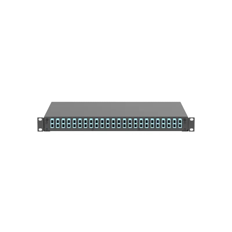 The fiber drawer is pre-loaded with 24 aqua duplex SC adapters with zirconia sleeves. It is black powdered coated steel and measures 1.73 inches H x 17.5 inches W x 12.1 inches D (44mm x 445mm x 308mm)