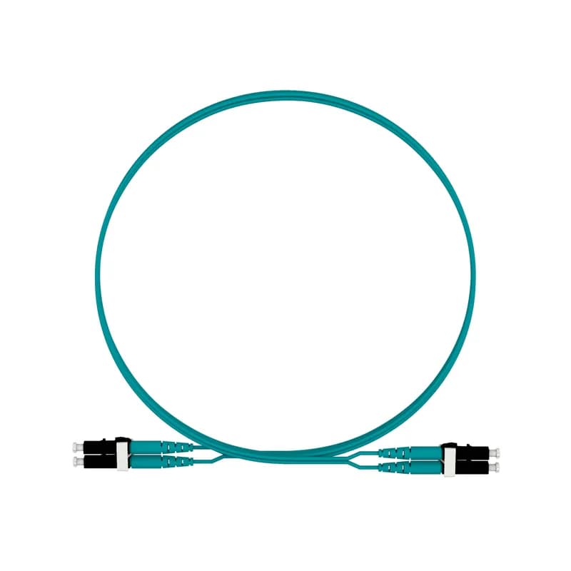 The duplex fiber patch cord is OM4 with 1.6mm jacketed cable. It is Riser (OFNR) rated, features LC Duplex connectors, has standard insertion loss, and is 1 meter long.