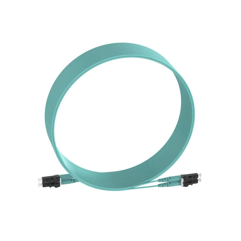 The duplex fiber patch cord is OM4 with 1.6mm jacketed cable. It is Riser (OFNR) rated, features LC Duplex connectors, has standard insertion loss, and is 5 meters long.