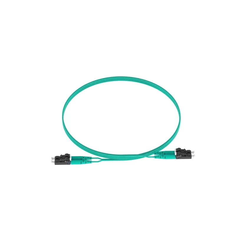 The duplex fiber patch cord is OM4 with 1.6mm jacketed cable. It is Riser (OFNR) rated, features LC Duplex connectors, has standard insertion loss, and is 7 meters long.