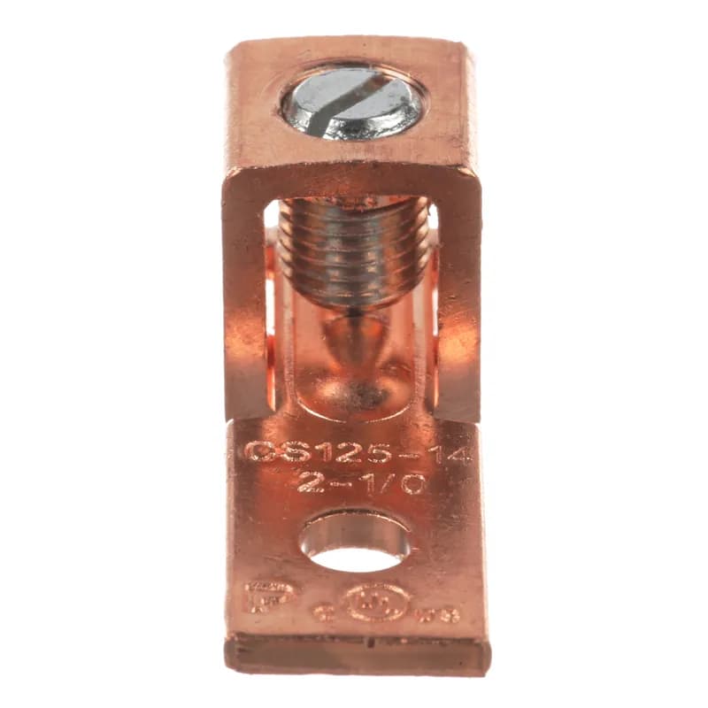 One-hole, copper, single barrel, straight floating tongue lug, slotted screw, #2 - 1/0 AWG, 1/4 (6.4mm) stud hole.