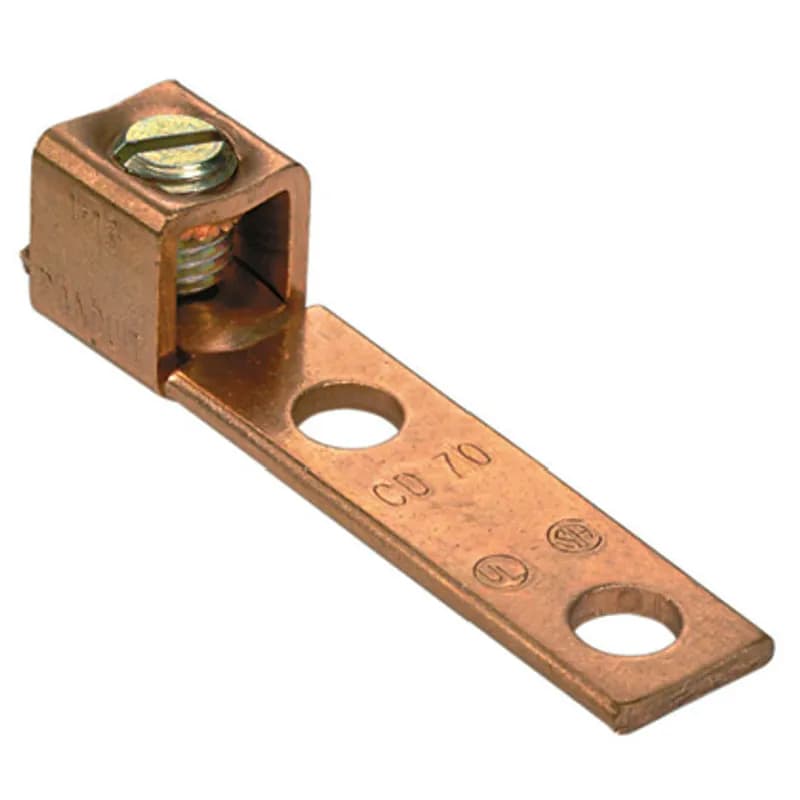 Two-hole, copper, single barrel, straight floating tongue lug, slotted screw, #8 - #2 AWG, 1/4 (6.4mm) stud hole.