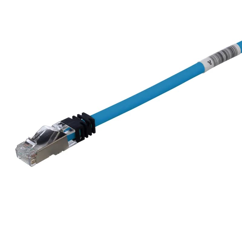 This TX6A 10Gig Cat 6A STP Patch Cord is a 0.2-Meter, Blue cord constructed of 26 AWG, shielded, twisted pair, stranded, CM/LSZH cable and with high-performance modular plugs. Its tangle-free latch prevents snags and ensures a fast release, streamlining moves, adds, and changes. The slender strain relief boot provides easy access in high-density applications. Enabled with RapidID, the product has pre-installed barcodes for simple port mapping using RapidID software.