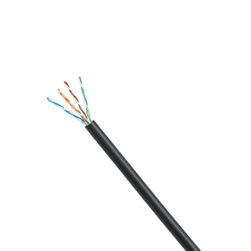 The Category 5e U/UTP copper cable is constructed with stranded 24/7 AWG with high-density polyethylene (HDPE) insulation. The copper conductors are twisted in pairs and surrounded by a PVC jacket. The jacket is oil, UV, and abrasion-resistant for enhanced chemical and mechanical performance. The jacket is flame retardant (CM) for industrial ethernet applications. The copper wire supports high flex and torsion applications.