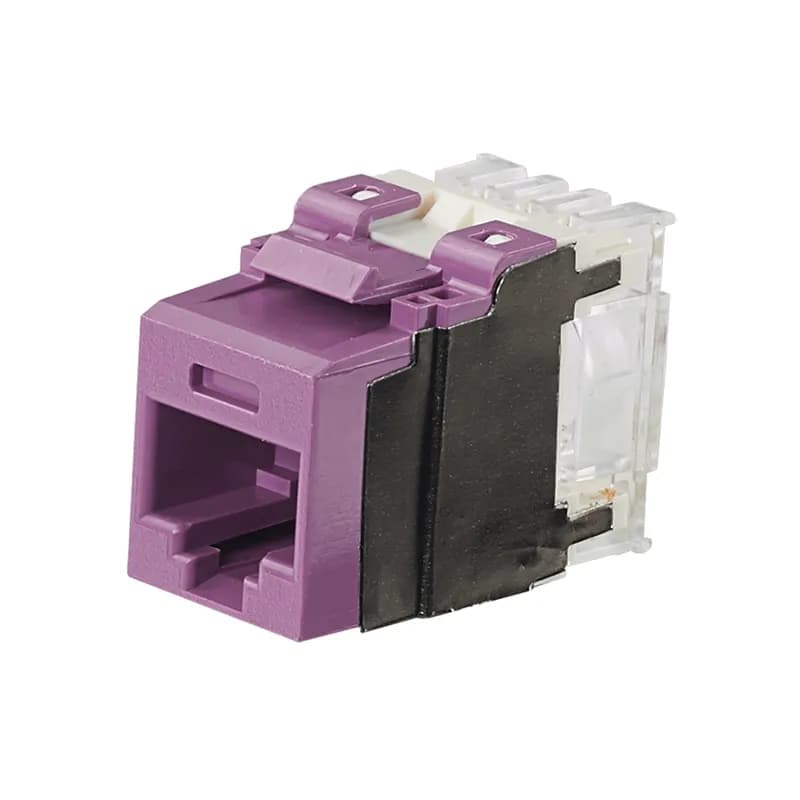 The NetKey Cat 6A UTP RJ45 Punchdown Keystone Jack Module is designed to terminate 4-pair, 22 26 AWG twisted pair cable. Each module is 100% factory tested to exceed industry standard performance requirements. Contacts are plated with 50 microinches of gold for superior performance. Jacks are individually serialized for traceability and are compatible with keystone interfaces such as NetKey Faceplates, Modular Patch Panels, and Surface Mount Boxes. The jack module is violet.