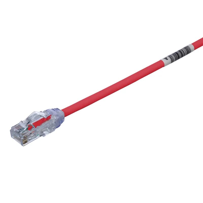 The TX6A-28 Cat 6A UTP Patch Cord is a 1.5-Meter, 0.185-inch (4.7mm) diameter, Red cord constructed of 28 AWG unshielded, twisted pair, solid, CM/LSZH cable with high-performance modular plugs. Its compact 28 AWG design simplifies installation and management. The tangle-free latch prevents snags and ensures a fast release, streamlining moves, adds, and changes. Enabled with RapidID, the product has pre-installed barcodes for simple port mapping using RapidID software.