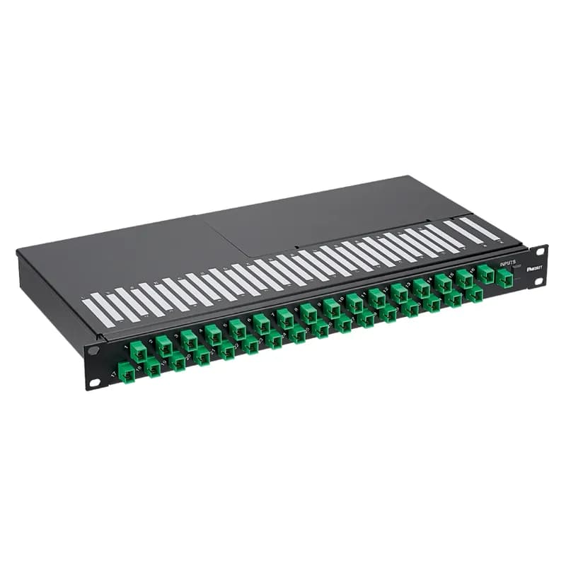 The rack-mount fiber optic splitter tray fits in 19" racks, occupies 1 RU, and uses a planar lightwave circuit to split one signal to eight signals for passive optical network applications. The splitter tray includes one SC-APC input and eight SC-APC outputs on the front of the device.