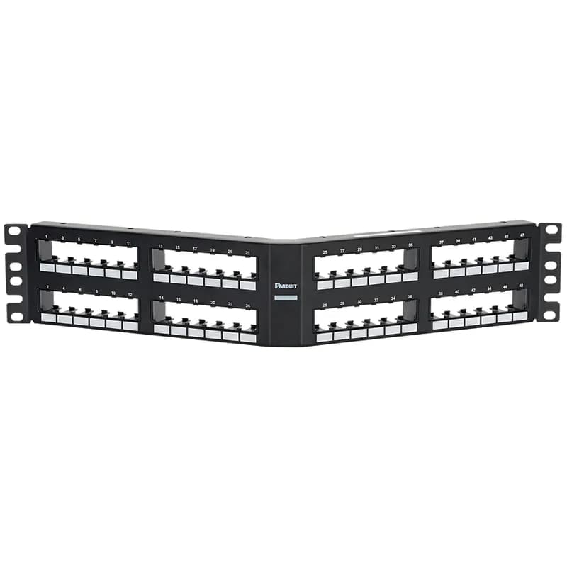 The Mini-Com Flush Mount Angled Modular Patch Panel accepts up to 48 Mini-Com Modules for unshielded applications in 2 RU, and mounts to 19 inch and 23 inch racks and cabinets. The patch panel mounts flush with the rack; includes pre-printed numbers that follow a vertical sequence, can be identified with adhesive labels, the ports are grouped in 6 and is black.