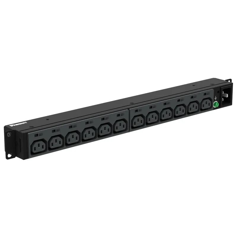 This Panduit G5 Basic PDU features (12) C13 outlets. It is a 20 amp, 208 V, single phase PDU with a NEMA L6-20P input plug and a 10 foot (3m) power cord. The PDU is black.