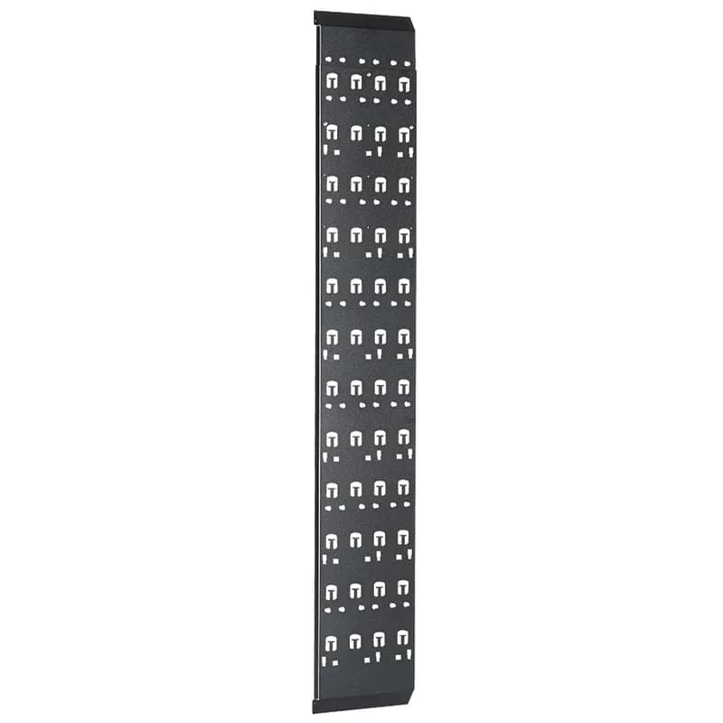 The Net-Access Cable Management Panel installs in S-Type cabinets to securely route and manage cables inside the cabinet. The panel expands to work with 42 to 51RU cabinets, and can accommodate D-rings, L-rings, or cable ties to support cable bundles. The panel is 12.4 inches wide and is black.