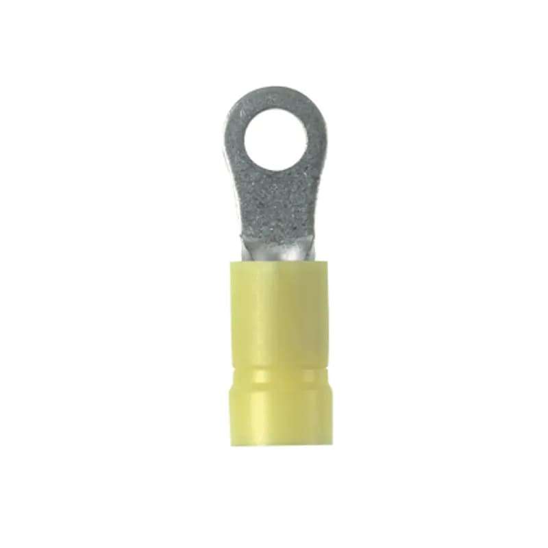 StrongHold EV10-14RB-Q Contractor Grade Vinyl Insulated Ring Terminals are a reliable and economical option that withstand a wide range of general-purpose applications. The ring tongue design assures a secure connection in high vibration applications. Accommodates 12-10 AWG, compatible with #1/4 Stud (M6), are yellow in color, and come in packages of 25.