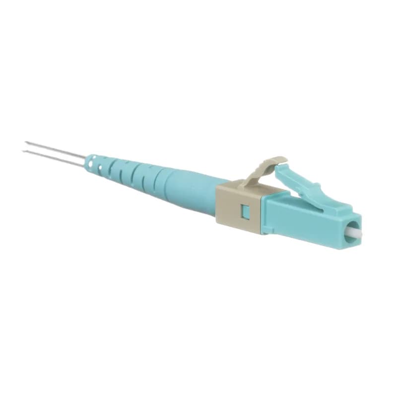 The fusion splice LC Fiber Optic Connector is a multimode 50/125?m OM3/OM4/OM5 fiber connector, intended for 900-micron tight-buffered or 250um loose-tube fiber installation. Field termination can be done in about two minutes using common fusion splice machines (not sold by Panduit). The pre-polished fiber endface eliminates time-consuming field polishing, reducing installation costs. The LC connector has an aqua- and grey-colored front assembly and rear assembly/boot.