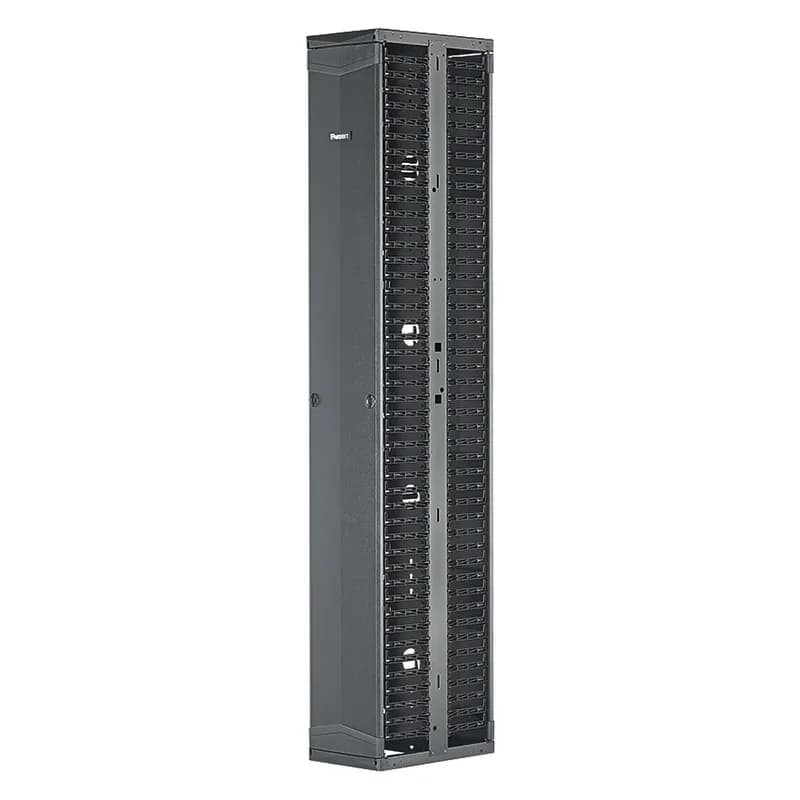 The PatchRunner 2 Vertical Cable Manager combines high-density capability and versatility, freeing up valuable floor space. The fully pre-assembled manager lowers overall costs. The dual-sided manager has a metal backbone with molded plastic fingers, and includes two full-length metal, dual-hinging, push-to-close doors. The manager is 42 RU, 12 inches wide, and is black.