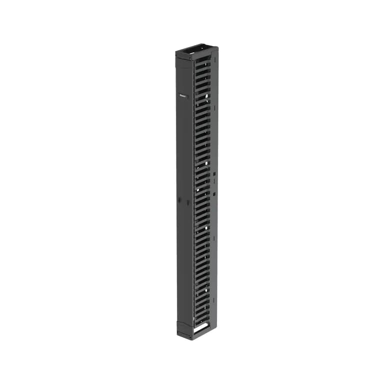 The PatchRunner 2 Vertical Cable Manager pairs ultra-high-density capability and versatility, freeing up valuable floor space. The fully pre-assembled manager lowers overall costs. The single-sided manager has a metal backbone with molded plastic fingers, and includes one full-length metal, dual-hinging, push-to-close door. The manager is 45 RU, 6 inches wide, and is black.