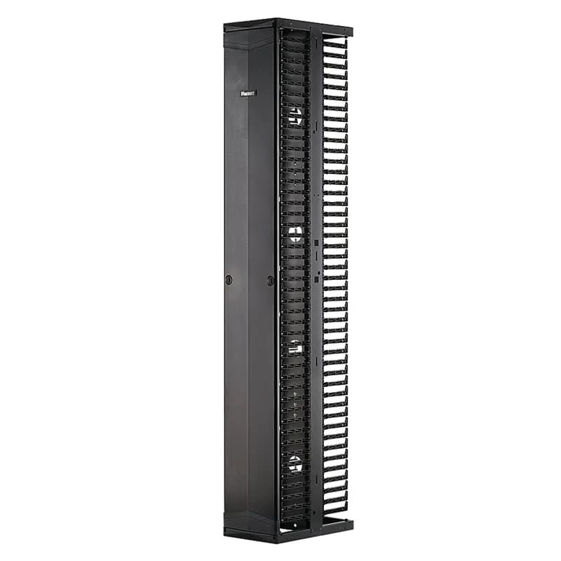 The PatchRunner 2 Vertical Cable Manager pairs ultra-high-density capability and versatility, freeing up valuable floor space. The fully pre-assembled manager lowers overall costs. The dual-sided manager has a metal backbone with molded plastic fingers, and includes one full-length metal, dual-hinging, push-to-close door. The manager is 42 RU, 12 inches wide, and is black.