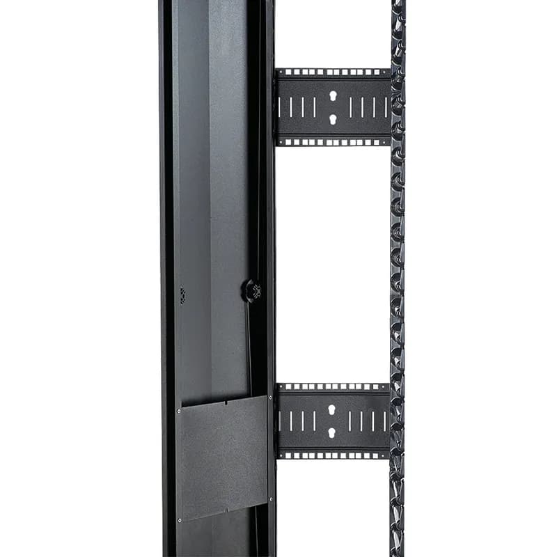 The PatchRunner 2 Enhanced Vertical Cable Manager pairs ultra-high-density capability and versatility with its unique zero RU patching feature. The partially assembled manager installs easily to speed up deployment. The single-sided manager has a metal backbone with molded plastic fingers, and includes one full-length metal, dual-hinging, push-to-close door. The manager is 45 RU, 12 inches wide, 15 bonus vertical RU, and is black.