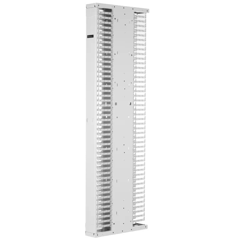 The PatchRunner 2 Enhanced Vertical Cable Manager pairs ultra-high-density capability and versatility with its unique zero RU patching feature. The partially assembled manager installs easily to speed up deployment. The dual-sided manager has a metal backbone with molded plastic fingers, and includes one full-length metal, dual-hinging, push-to-close door. The manager is 52 RU, 6 inches wide, 6 bonus vertical RU, and is white.