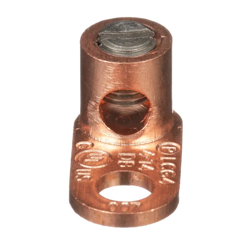 The LCG4-C copper grounding mechancial lug is used with Stranded and Solid Copper Conductors. Made from heavy wall, extruded, high conductivity copper provides high strength and premium electrical properties. Inspection window to fisually assure full conductor insertion. Flat bottom allows for complete contact with mounting surface, cULus Listed for grounding and bonding suitable for direct burial in earth and concrete. UL Listed for use up to 600V and tempature rated 90 C.