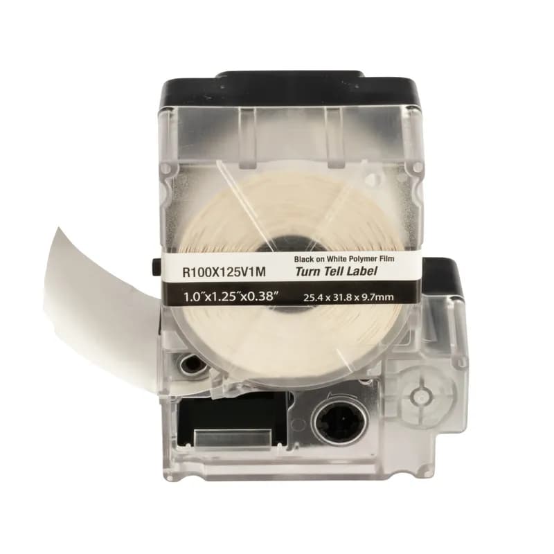 The R100X125V1M Self-Laminating Turn-Tell Label Cassette includes both label material and ribbon for easy changeover. The label design allows rotation for visibility from any angle - reposition on the wire/cable to align legends and improve aesthetics. Can be easily installed on existing terminated wires and assemblies without disconnecting the wires/cables. For use with the MP300 printer. Vinyl. 1" x 1.25" (25.4 mm x 31.8 mm). Color Clear/White. 125 labels per cassette. 1 cassette per package.