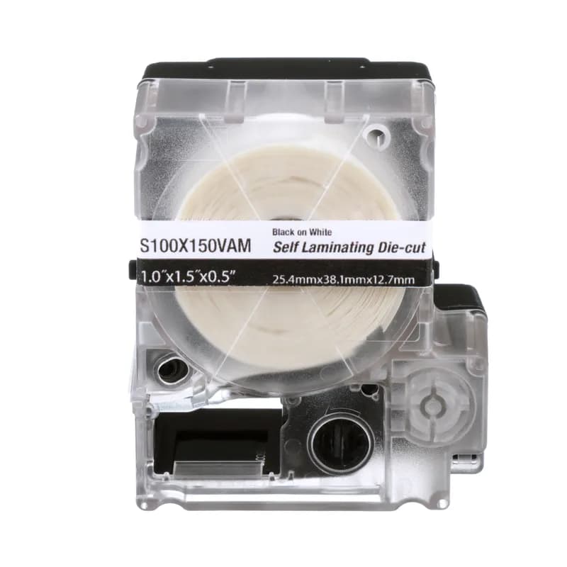Panduit S100X150VAM vinyl self-laminating label cassettes, can easily be installed on existing terminated wires and assemblies and does not require disconnecting wires or cables. Upgrade your cable coding system with improved organization and identification. Adhesive labels for wire/cable identification with white print-on area and clear overlaminate. Label is 1.0" x 1.5", with 1.0" x 0.5" print-on area. For use with Panduit MP series printers and designed for cat. 5/5e/6 cable. 175 labels per cassette.