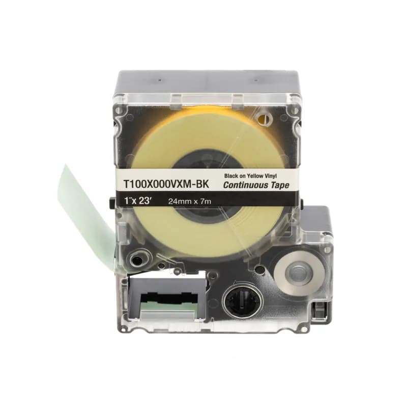 Panduit T100X000VXM-BK vinyl continuous tape cassettes are quick and easy to load. These label cassettes, used with our EasyMark Plus labeling software, allows you to create custom pipe markers, voltage markers, signs, bin markers and network identification labels on demand. Continuous tape is yellow in color and is 1.0" wide x 23 ft long. For use with Panduit MP series printers.