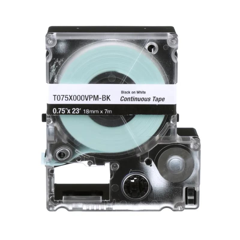 The T075X000VPM-BK Continuous Tape Cassette includes both label material and ribbon for easy changeover. Print custom pipe markers, voltage markers, signs, bin markers, and network identification labels on demand. For flat label applications only. For use with the MP100 and MP300 printers. Vinyl. 0.75" x 23' (18 mm x 7 m). Color Black on White. 1 cassette per package.