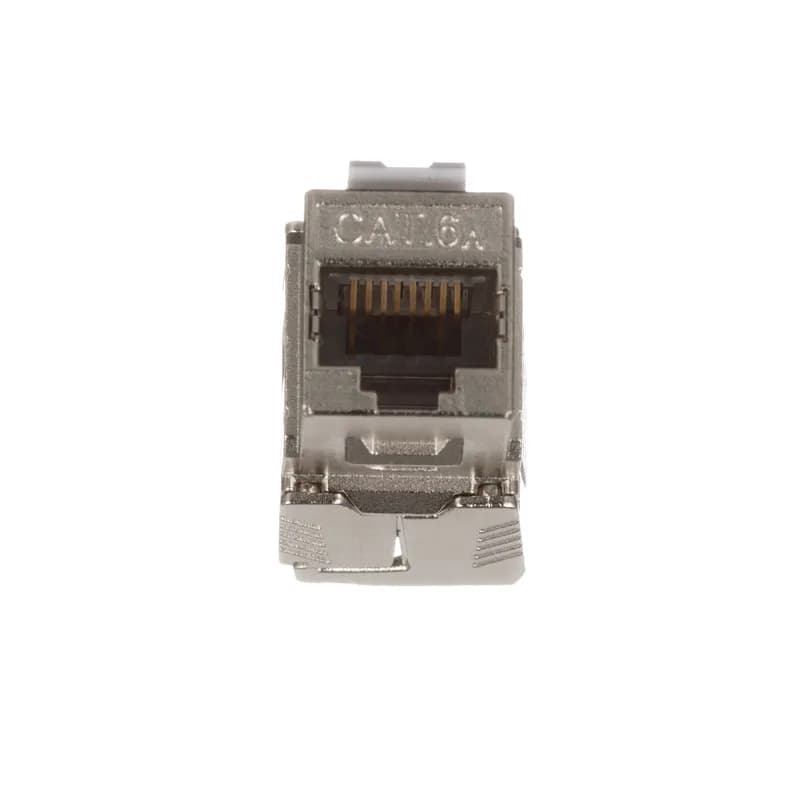 The keystone Cat 6A shielded RJ45 jack module is designed to terminate 4-pair, 22-24 AWG shielded twisted pair cable. Shielded jack modules use a forward motion termination method to optimize performance. The die-cast housing provides a robust design to protect against physical and electromagnetic damage. The jack module is silver.