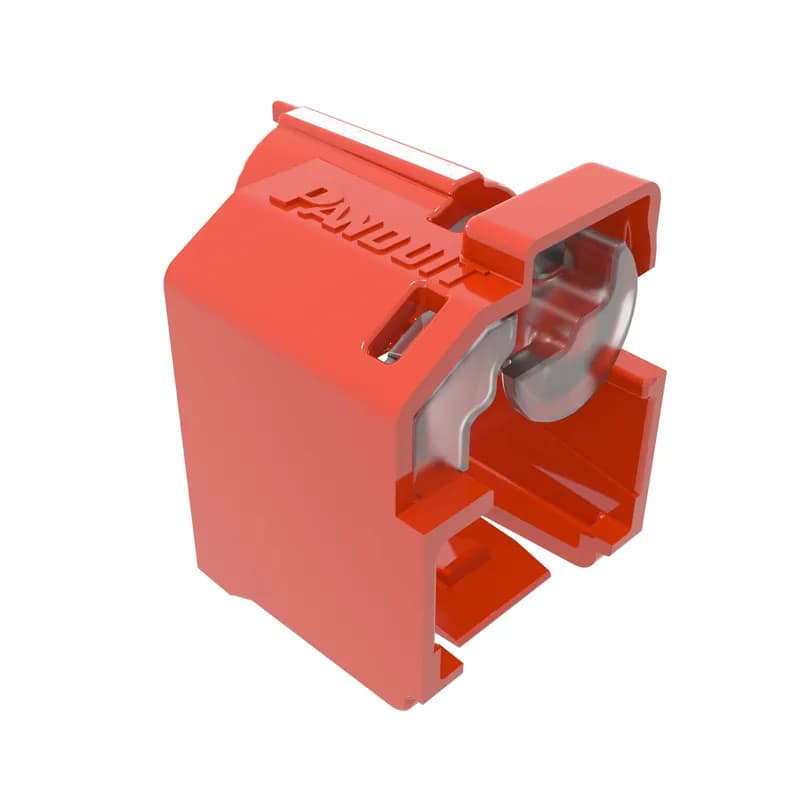 The Lock-In device secures patch cord connections to prevent unauthorized access or accidental removal. Recessed device is used when jacks mount slightly deeper from the surface. Extended hood protects locking mechanism. Includes 100 red devices and five removal tools.
